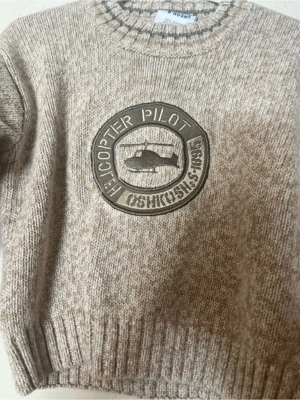 Vintage Oshkosh B'gosh Heather Beige Knit Sweater with Patch Helicopter Pilot